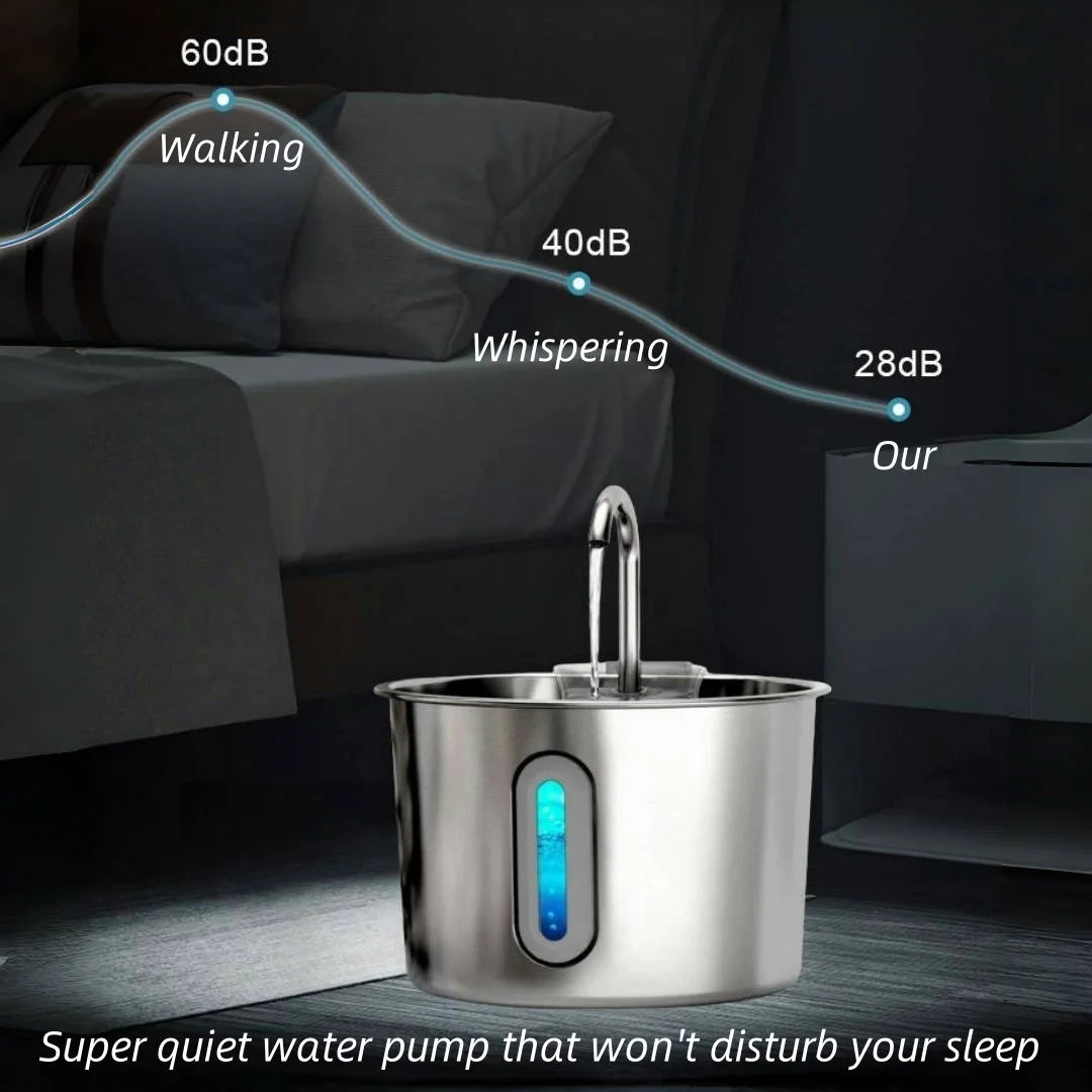 2.2L stainless steel cat water fountain with ultra-quiet pump for silent, filtered hydration for dogs and cats.