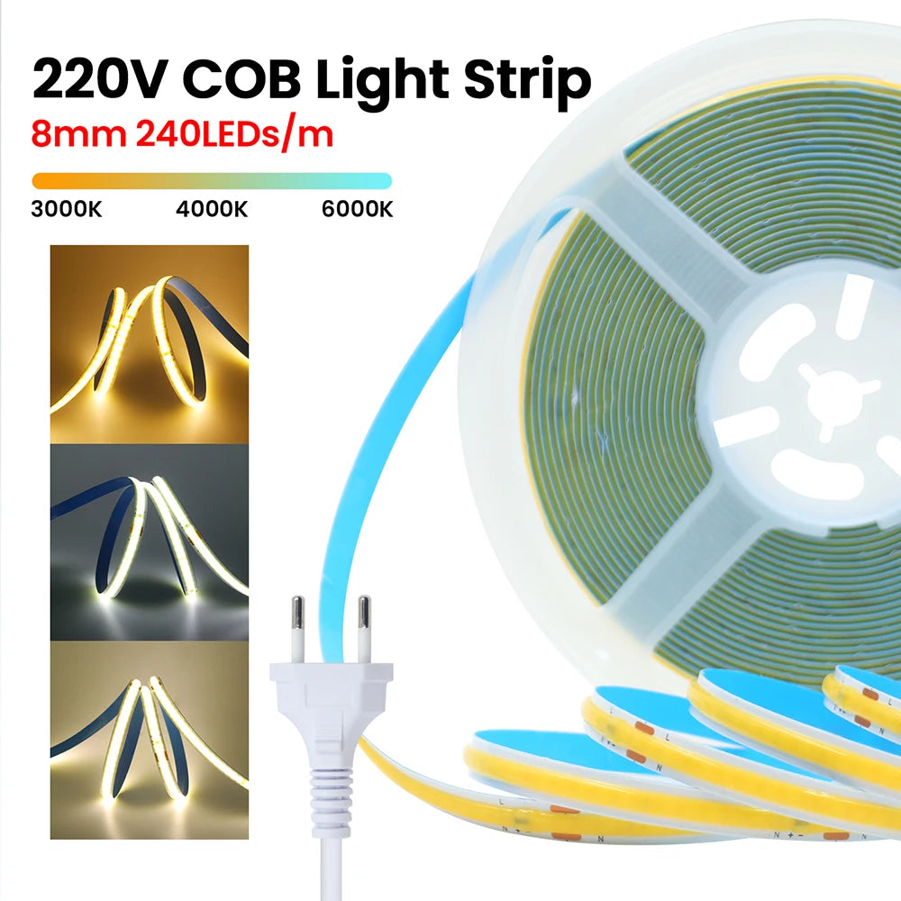COB LED Strip Light Power Kit 220V 110V AC 3000K 4000K 6000K 2pin 240LEDs/m with IC Driver IP20 8mm PCB Dimmable Linear Lighting