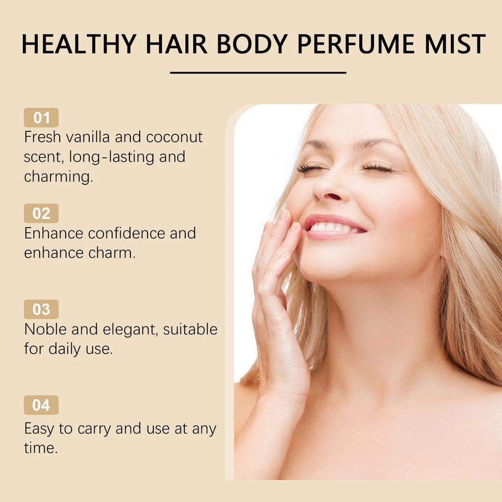 Vanilla Coconut healthy hair and body perfume mist. Long-lasting, romantic, travel-friendly scent for women.