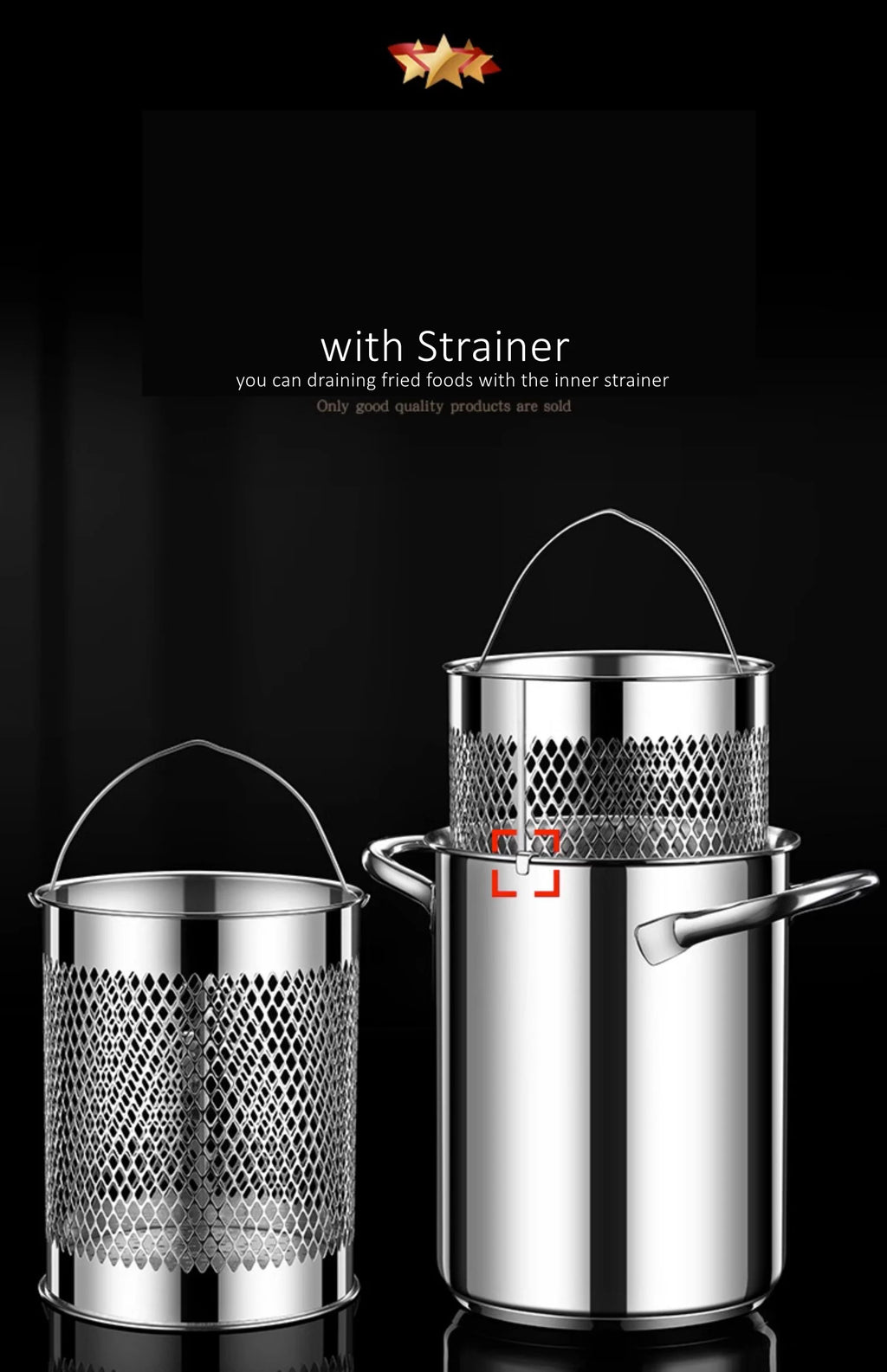 LFGB Certificated Pure 304 Stainless Steel Deep Fryer Oil Save Potato Chip Frying Pot Vegetable Noodle Stewing Pot with Strainer