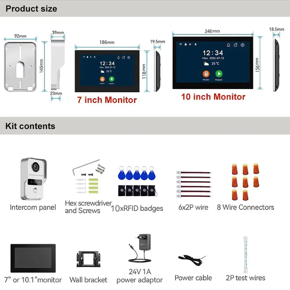1080P Video Intercom Wifi 7/10 Inch Monitor Kit for Apartment System Home Security 2 Wire Doorbell Card Swipe Private House Tuya