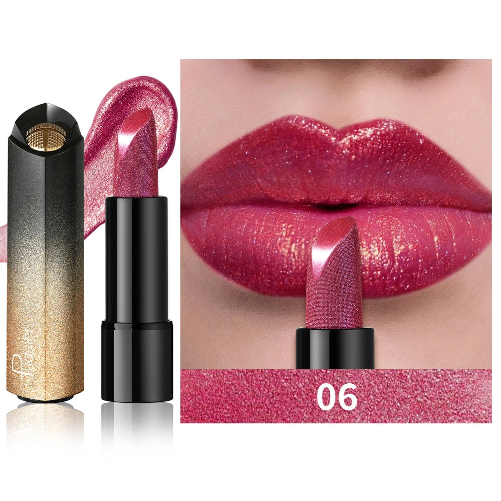 Pearly metallic pink lipstick with glitter shimmer finish, creamy texture, and high-pigment party makeup on lips.