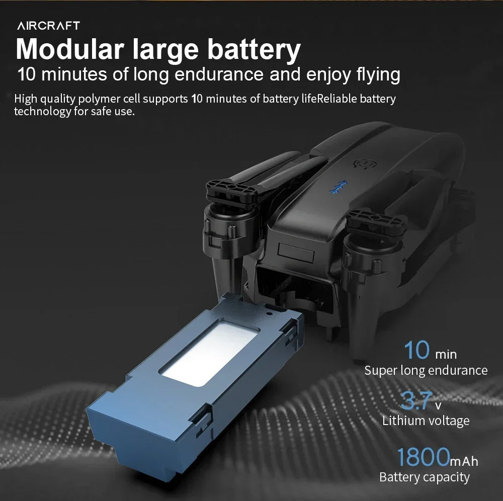 Rectangular blue modular lithium battery for a compact black drone, 3.7V 1800mAh capacity for 10 minutes of flight.