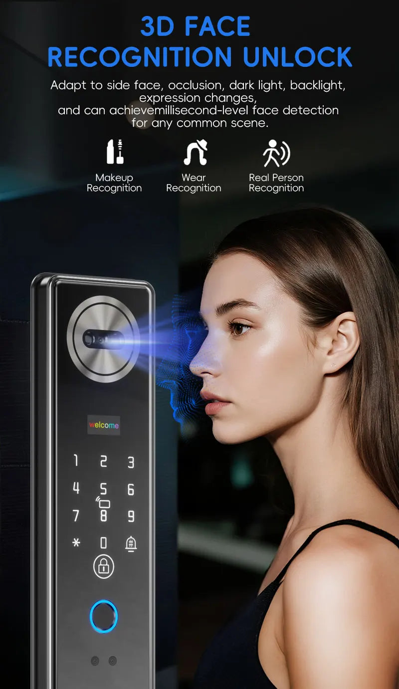 SANKESONG Smart Lock Real Time Intercom Wifi Camera Fingerprint Intelligent Palm Vein 3D Face Recognition Door Lock  DualBattery