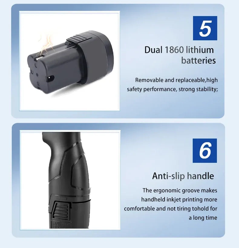 Handheld inkjet printer with dual battery pack and anti-slip grip handle
