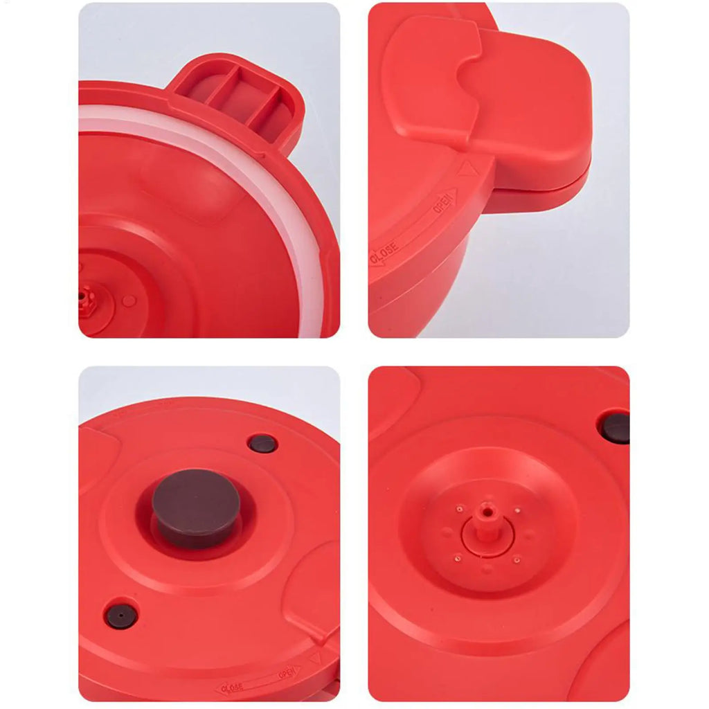 Red pressure cooker pot close-ups: lid handle, seal, and vent knob details.