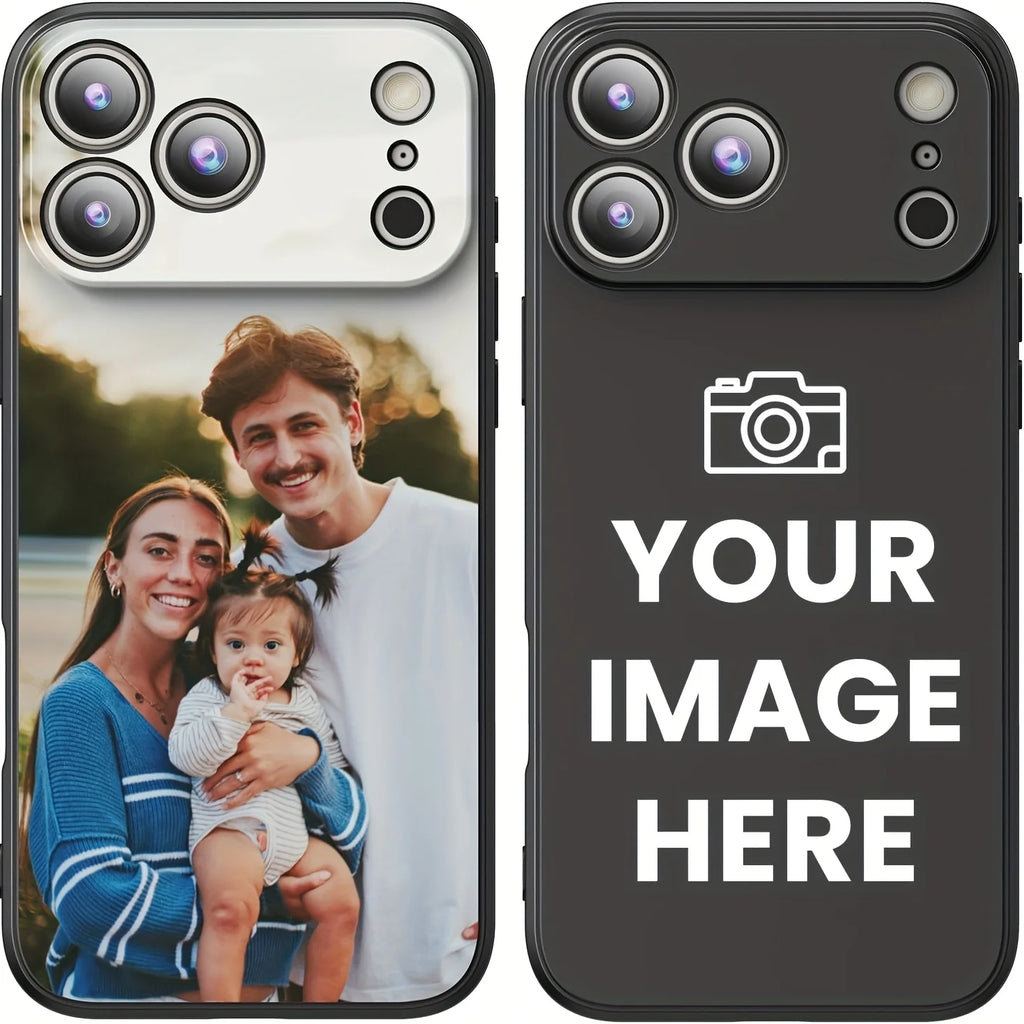 Two custom smartphone cases with camera lens cutouts: one showing a family photo, one with a placeholder for imagery.