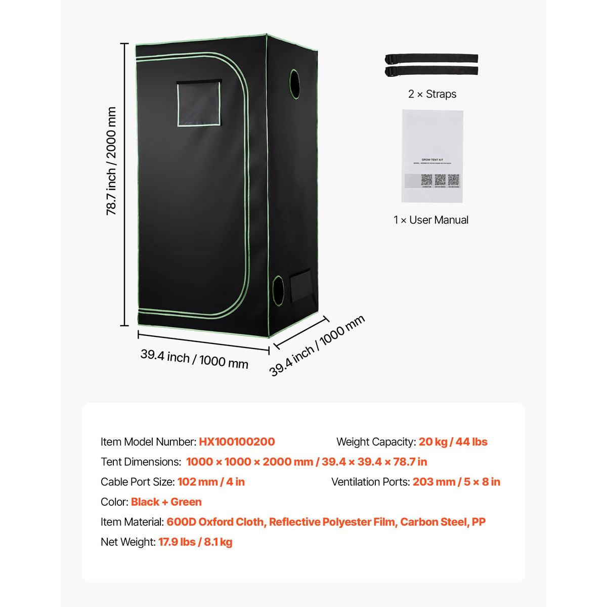 Indoor grow tent, black with green trim, ventilation ports, 1000x1000x2000mm