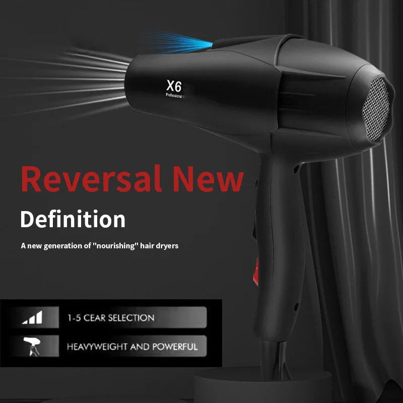 Black X6 professional 2400W hair dryer with 5 speed settings for fast, powerful salon-quality drying at home.