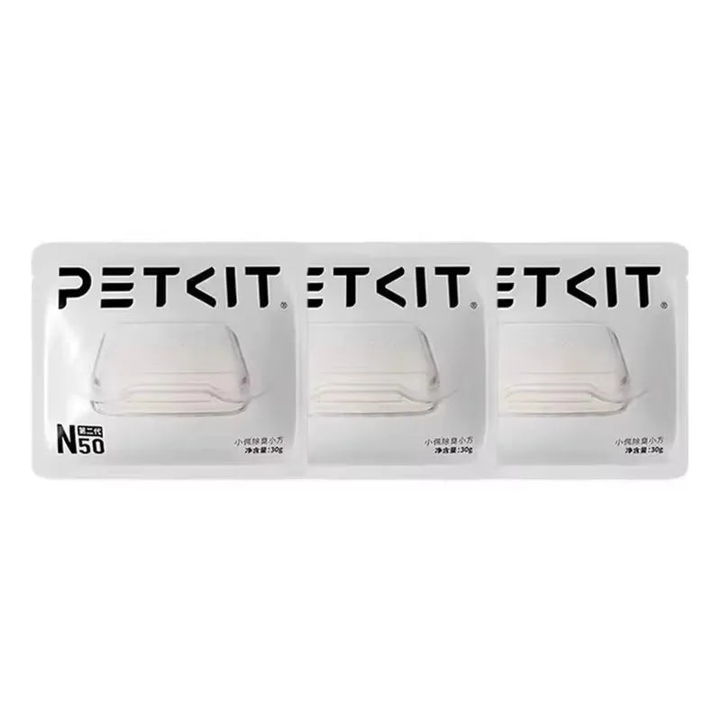 Three white PETKIT N50 rectangular deodorant cubes in sealed plastic packaging for PURA MAX cat litter boxes.