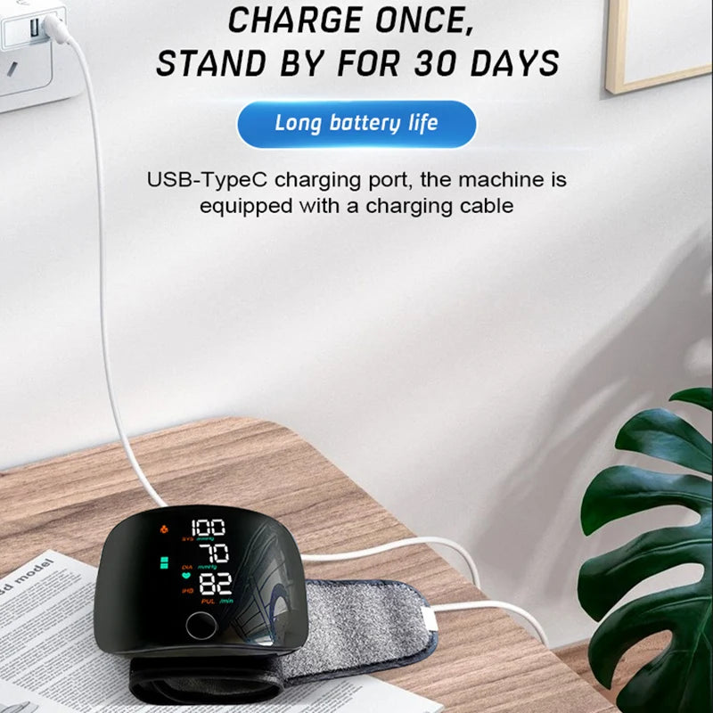 Recharge Digital Wrist Blood Pressure Monitor English Voice Sphygmomanometer Heart Rate Pulse Meter Medical Tonometer USB