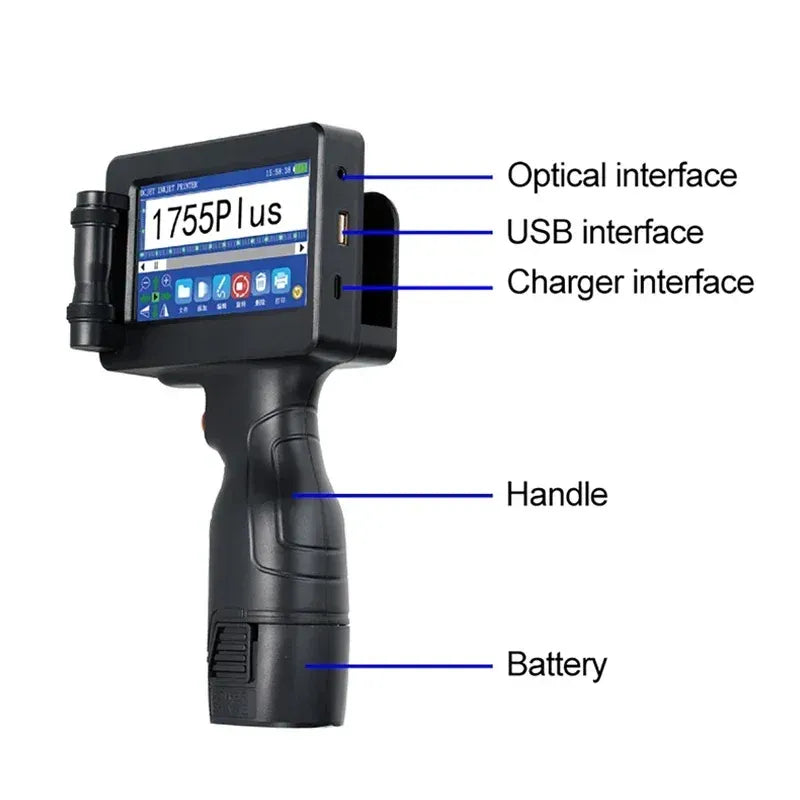 Black handheld inkjet printer with labeled optical interface, USB interface, charger, handle and battery