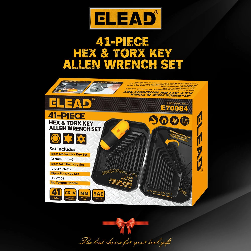 ELEAD 41PC Hex Key Allen Wrench Set Standard SAE(0.028"-3/8") & Metric(0.7mm-10mm) & Torx(T9-T50) in Storage Case