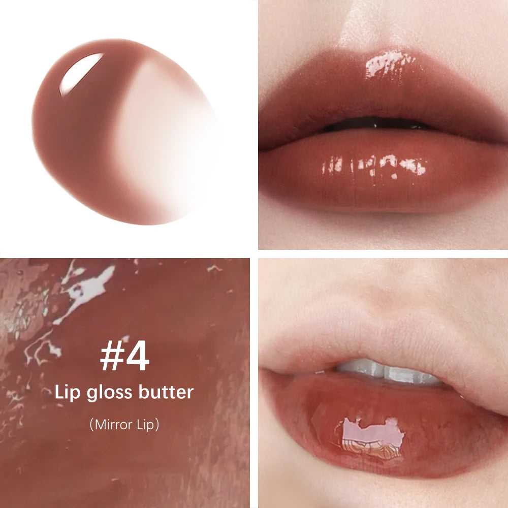 Moisturizing #4 brown butter lip gloss with a high-shine mirror finish, non-stick texture, and long-lasting lip glaze.