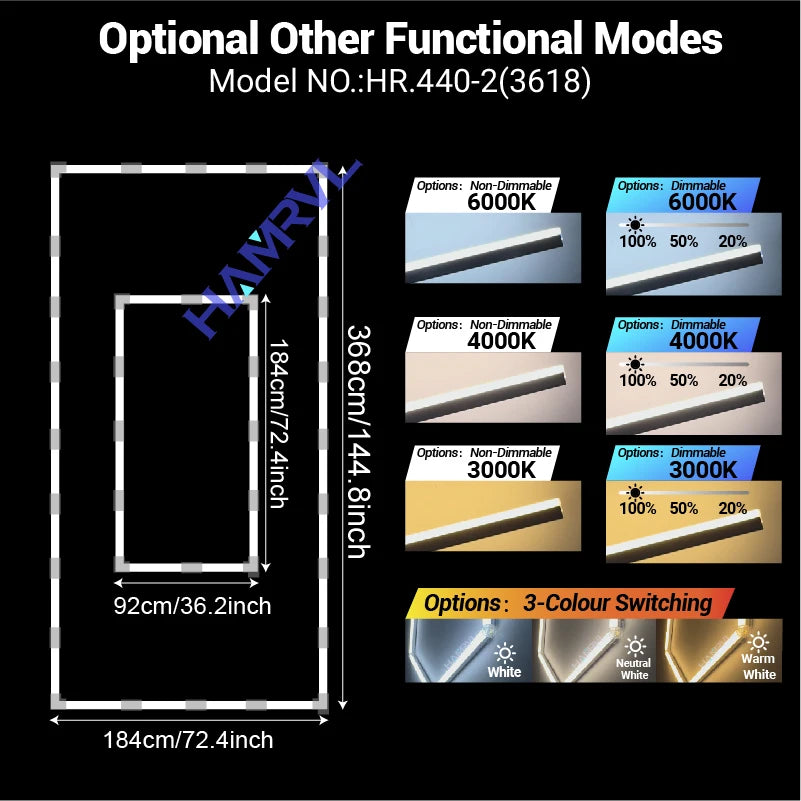 Rectangular LED ceiling light sizing diagram, 184cm x 92cm