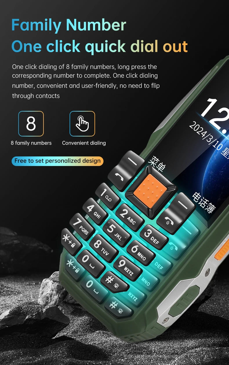 Durable Small Size Mini Rugged Outdoor Mobile Phone Push Button Battery FM Quick Dial Long Standby Two Flashlight Lound Sound