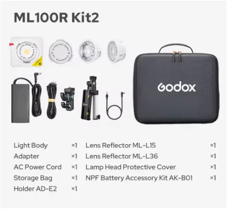 ML100R Kit2 LED video light set with reflectors, power accessories, mount, and a black textured carrying case.