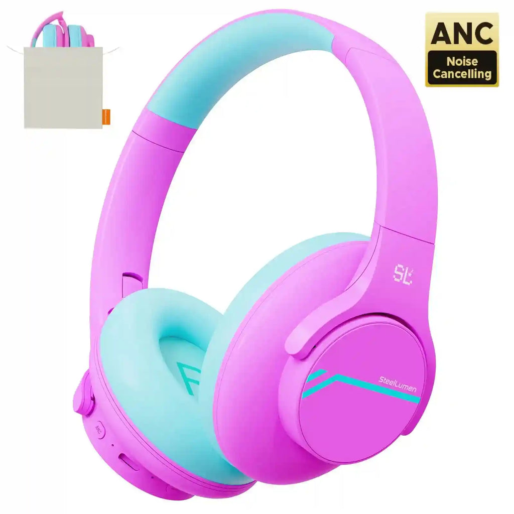 Kids Wireless Headphones with Active Noise Cancellation - Safe Audio Pink with box Tidesmit