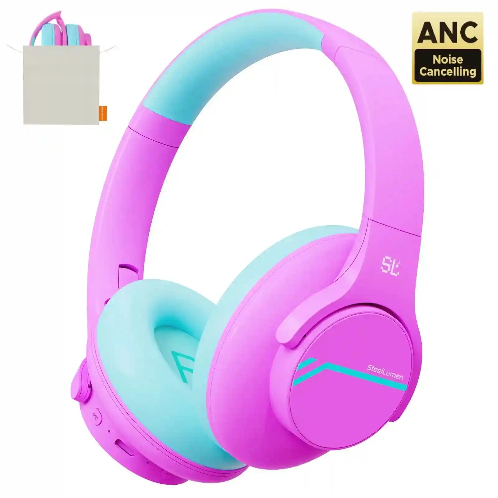 Kids Wireless Headphones with Active Noise Cancellation - Safe Audio Pink with box Tidesmit
