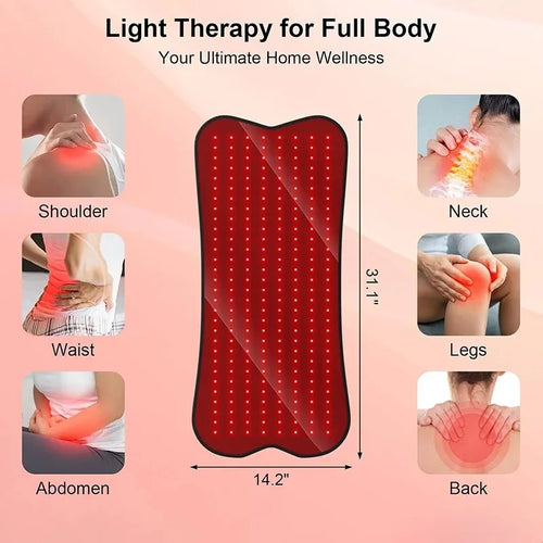 Rectangular red light therapy panel (31.1"x14.2") with LED lights for full body home wellness and pain relief.