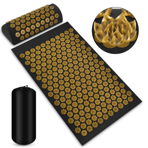 Acupressure massage mat and pillow set for back pain relief, smart yoga mat with gold lotus spikes and carry bag.