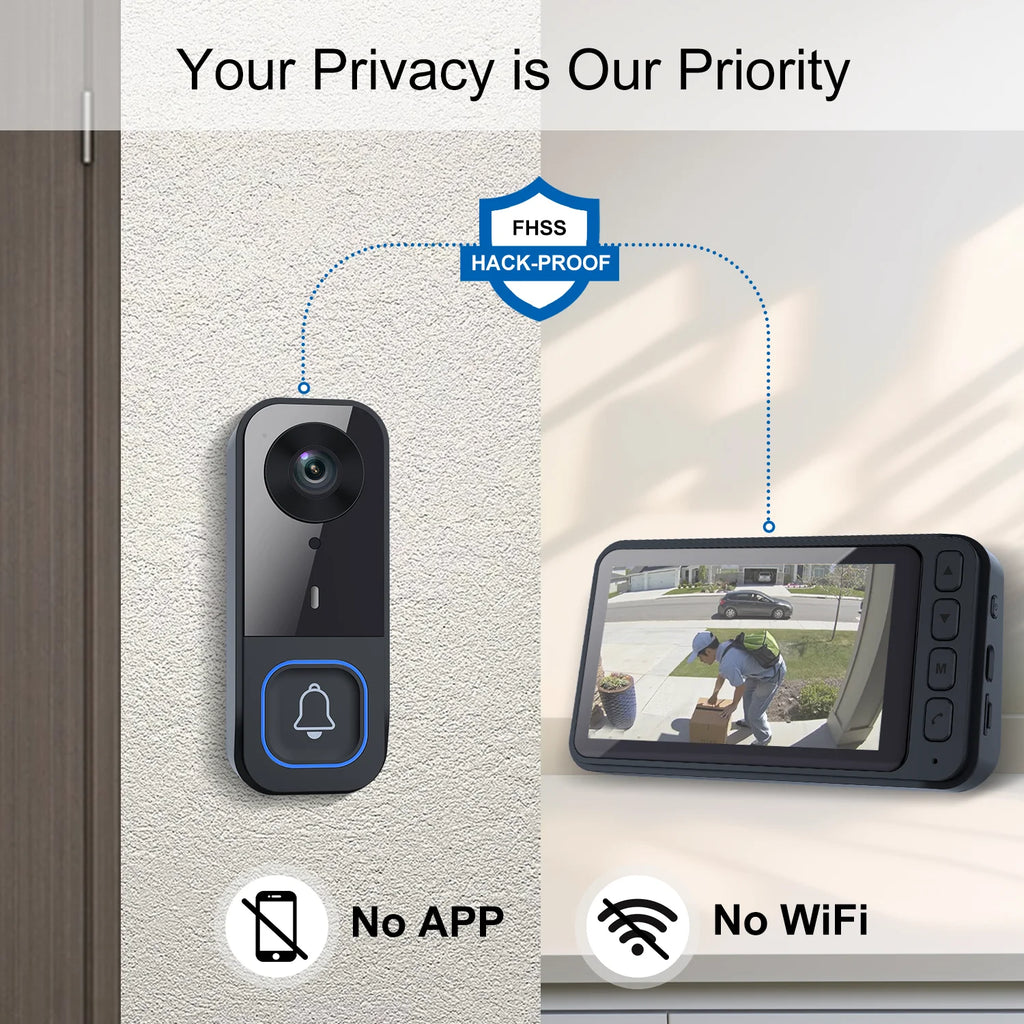 Wireless Doorbell Camera with Monitor Smart Video Doorbell 2-Way Audio Infrared Night Vision No WiFi Connection No APP Required