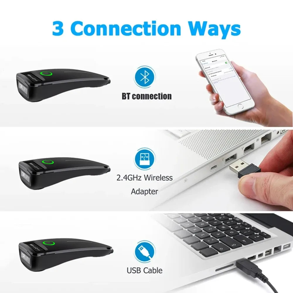 Black handheld barcode scanner connected via Bluetooth, 2.4GHz wireless, or USB cable