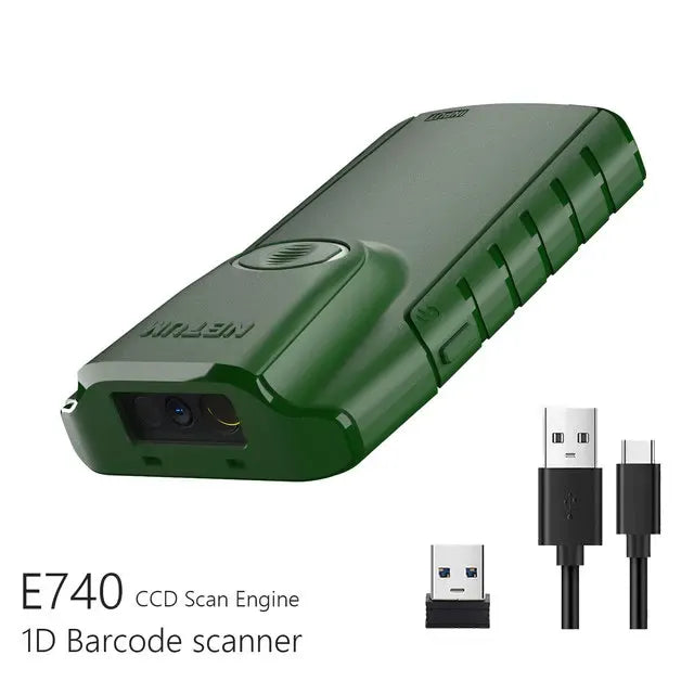 Green 1D barcode scanner with scan head and USB connection cables
