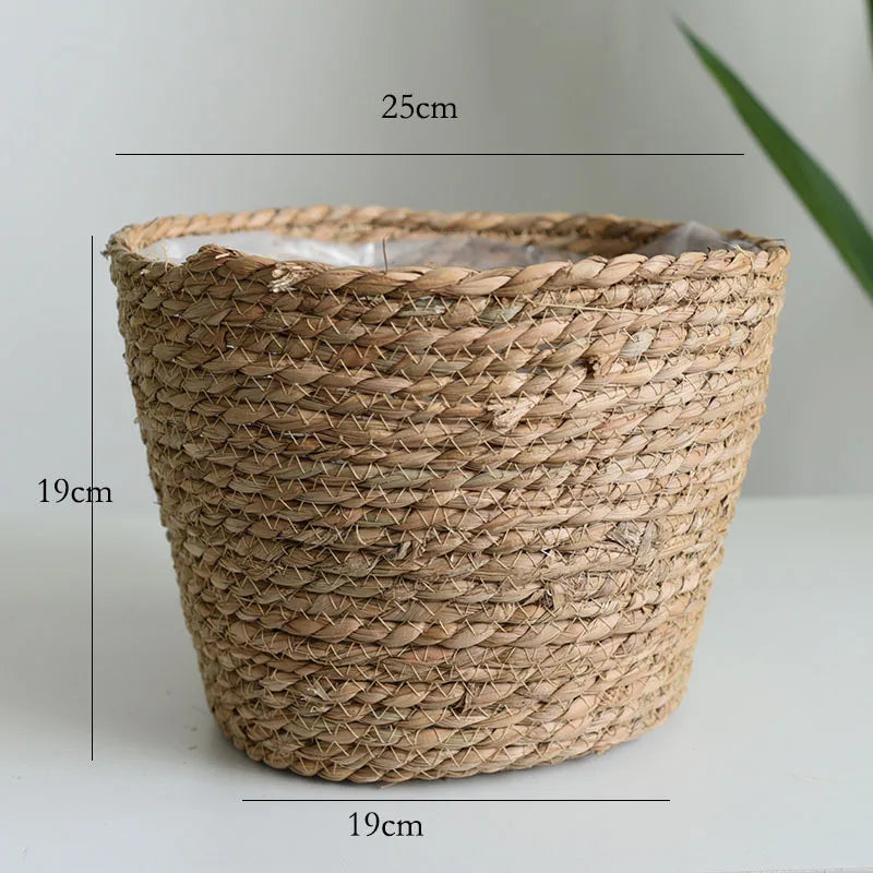 Tan straw woven plant pot basket planter with open top, no liner