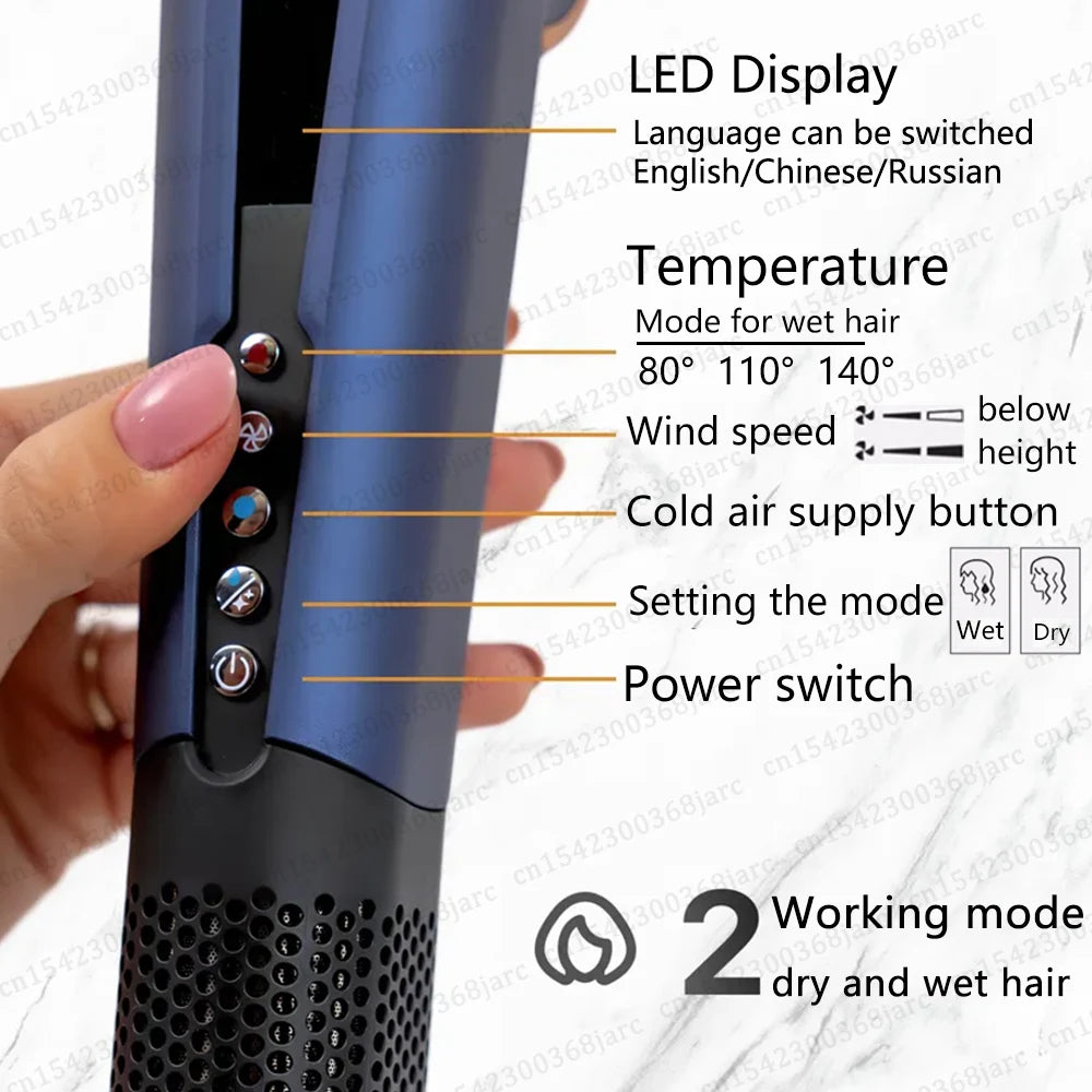 Blue 2-in-1 hair dryer and flat iron with LED display, temperature control, and buttons for wet and dry hair styling.