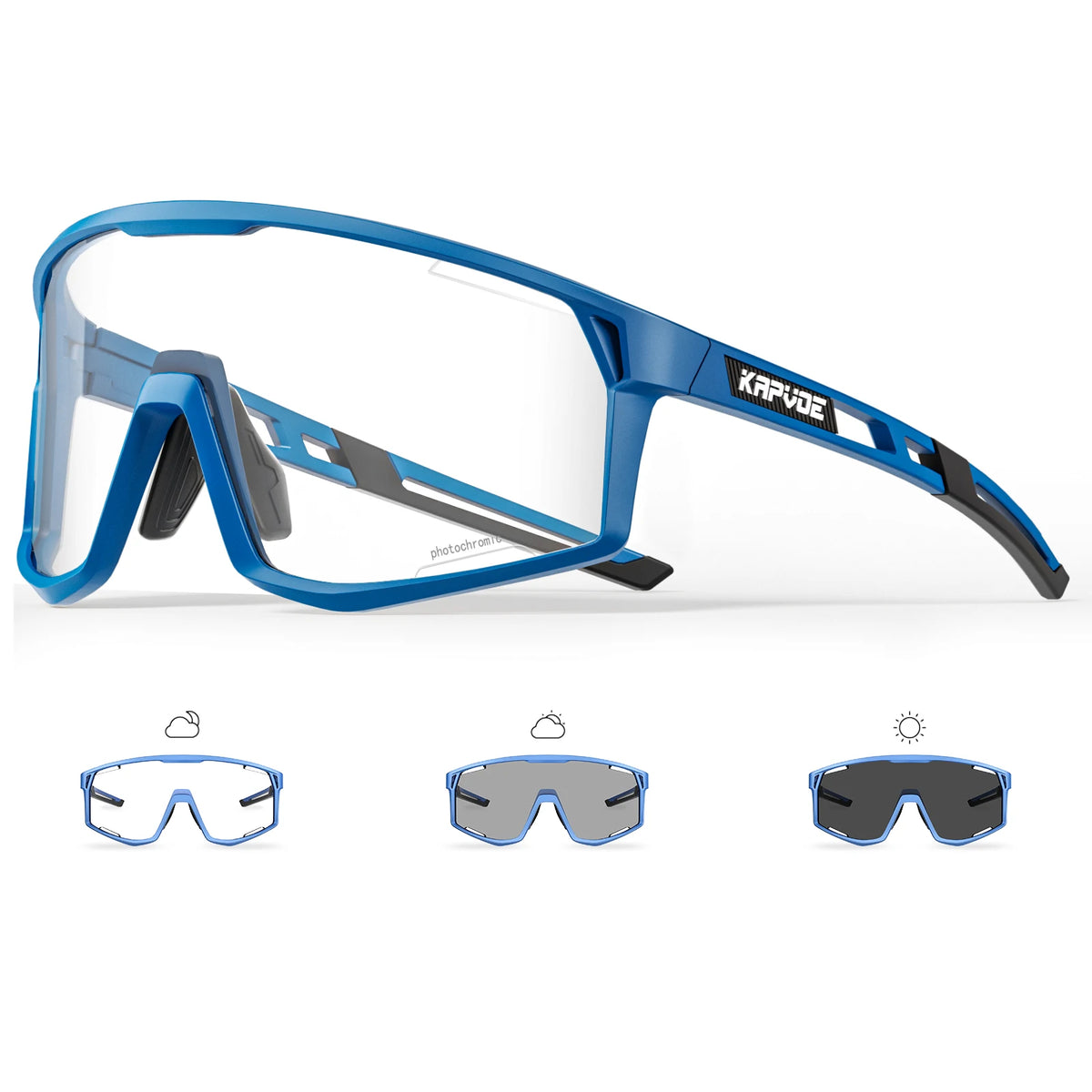 KAPVOE photochromic cycling sunglasses with blue frame and clear lens.