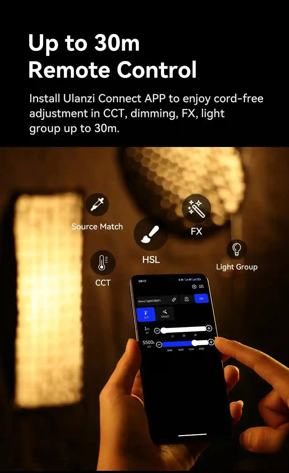 Smartphone app for wireless LED light control, showing CCT, dimming, and FX settings on a screen.