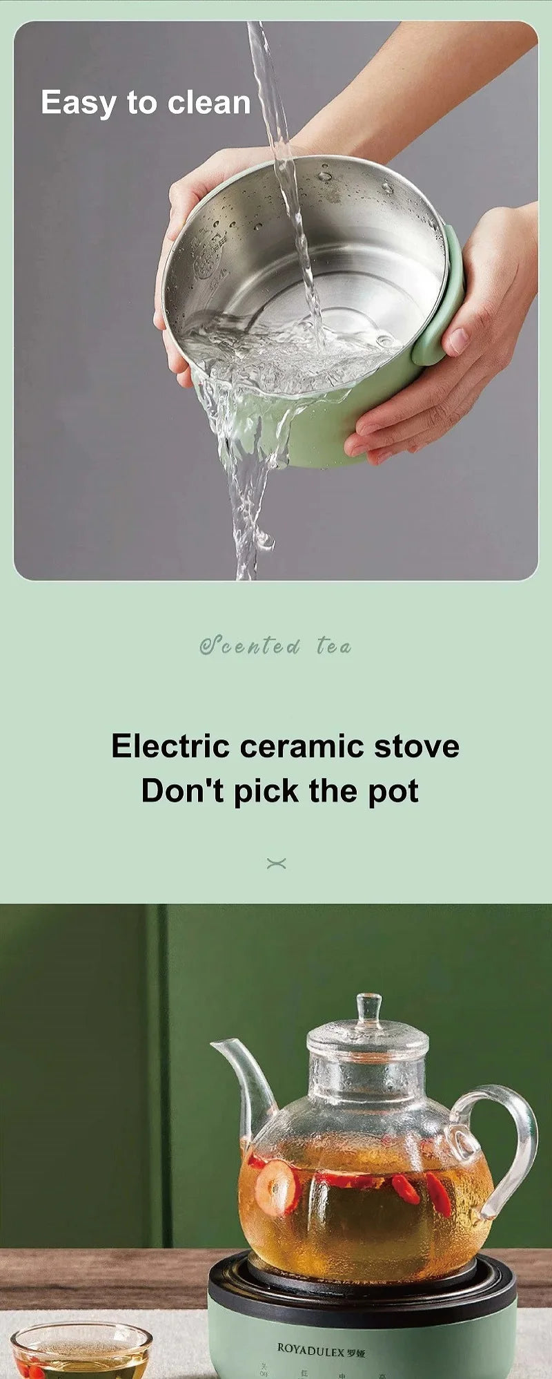 Mint green electric ceramic hot pot with removable inner bowl for easy cleaning