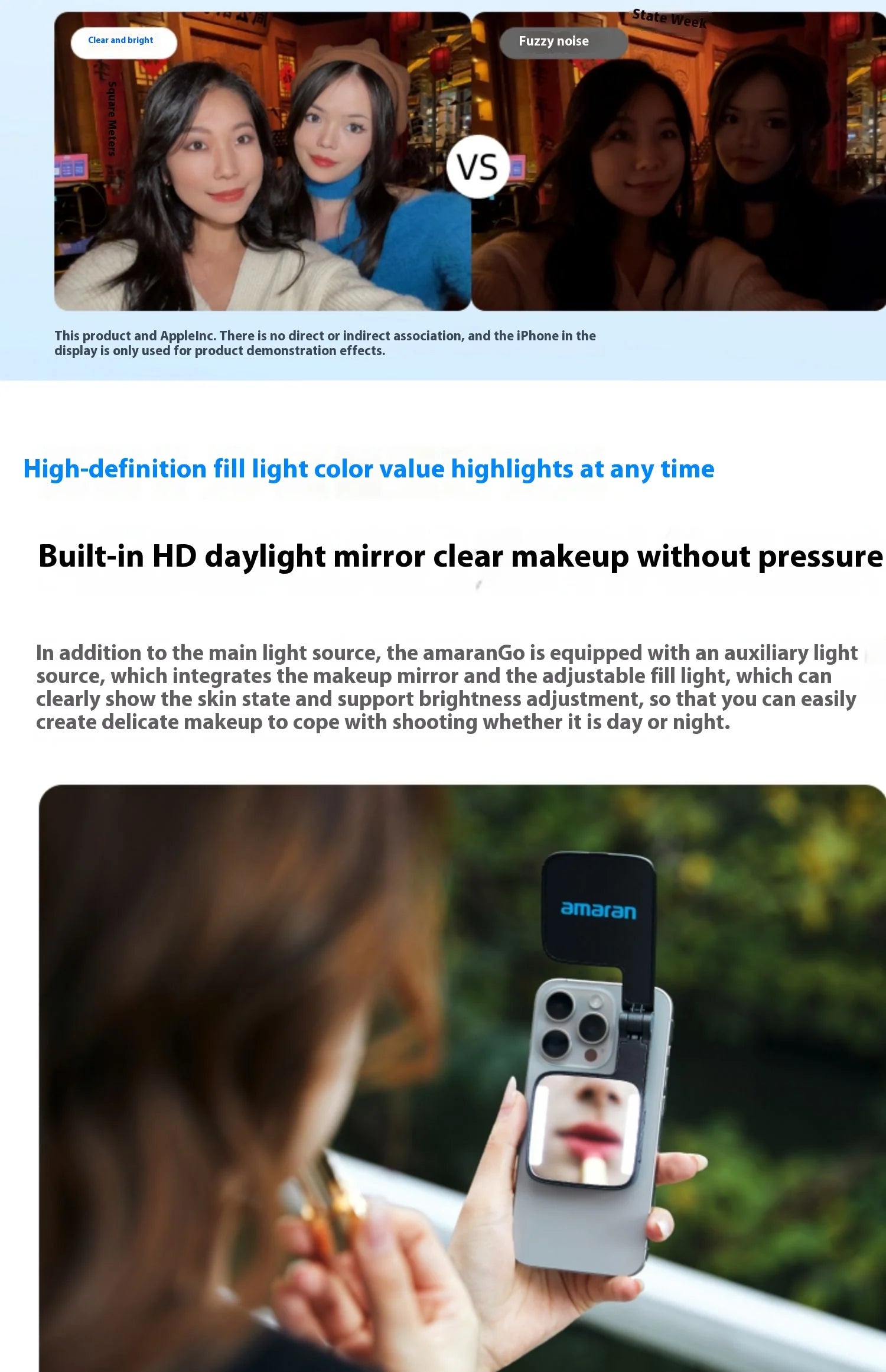 AmaranGo portable phone-mount LED fill light and makeup mirror with adjustable brightness for low-light photography.