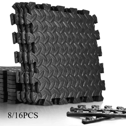Foam fitness floor tiles, smart yoga mat set, non-slip interlocking protection pads for indoor exercise and home gym.