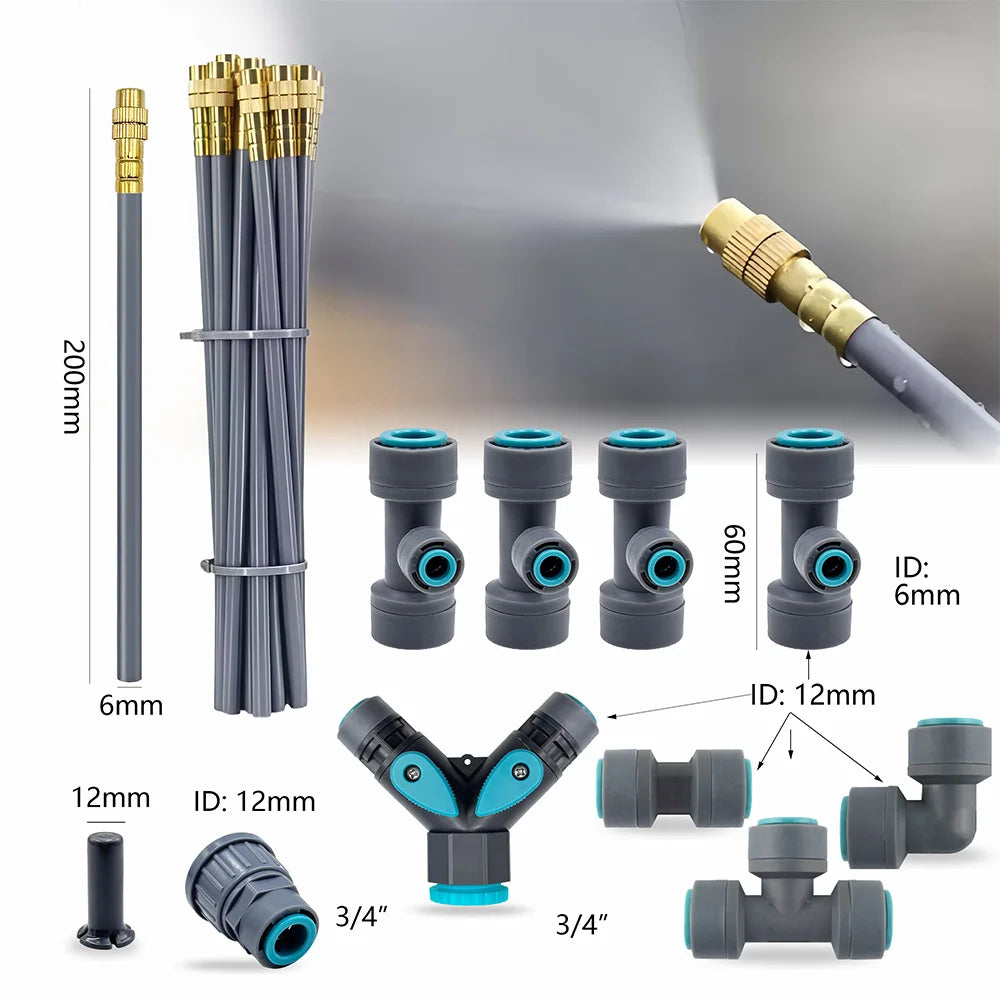 Gray PE hose kit with 3/4-inch tap joints, blue quick couplers, and brass nozzle