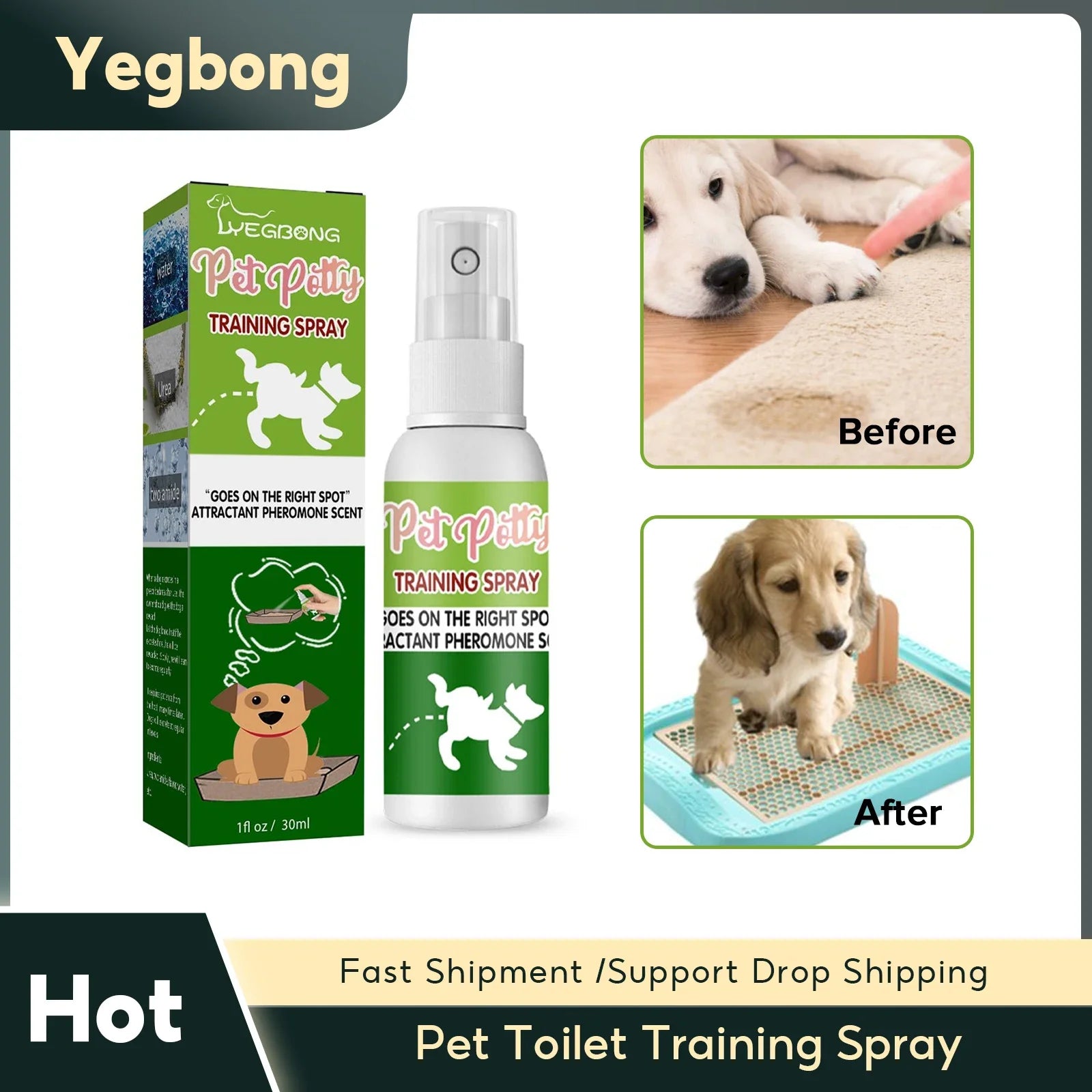 Yegbong pet potty training spray (30ml) for puppies. Pheromone scent helps dogs learn to use the toilet.