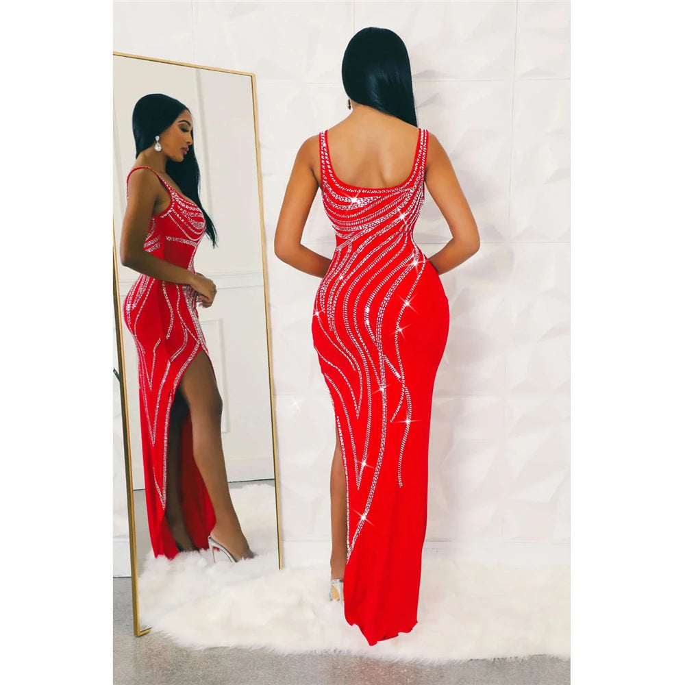 HBLL Women Dresses for Special Occasions Sexy Rhinestone Cocktail Floor Length Long Maxi Dress Evening Party Birthday Dresses