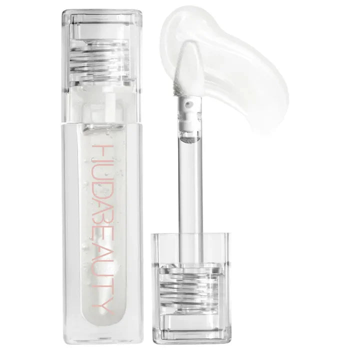 Clear hydrating lip gloss in a sleek square tube with applicator wand and glossy texture swatch.