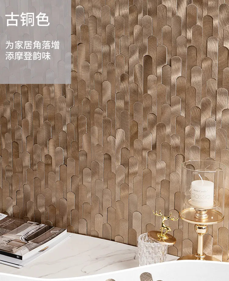 Long Strip 3D Metal Mosaic Tile Peel and Stick Self Adhesive Wall Sticker for Coffee Bar Bathroom Backsplash Wall Decor