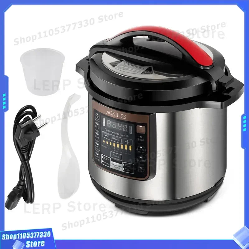 Electric pressure cooker with red-and-black lid, stainless steel body, includes measuring cup and cord
