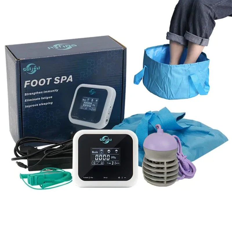 Ionic foot bath detox machine with touch display, aqua cell, and blue foldable basin for home spa treatment.