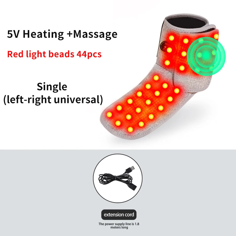 Red light therapy ankle sleeve with 44 heating beads, vibration massage, and USB power cord for foot pain relief.
