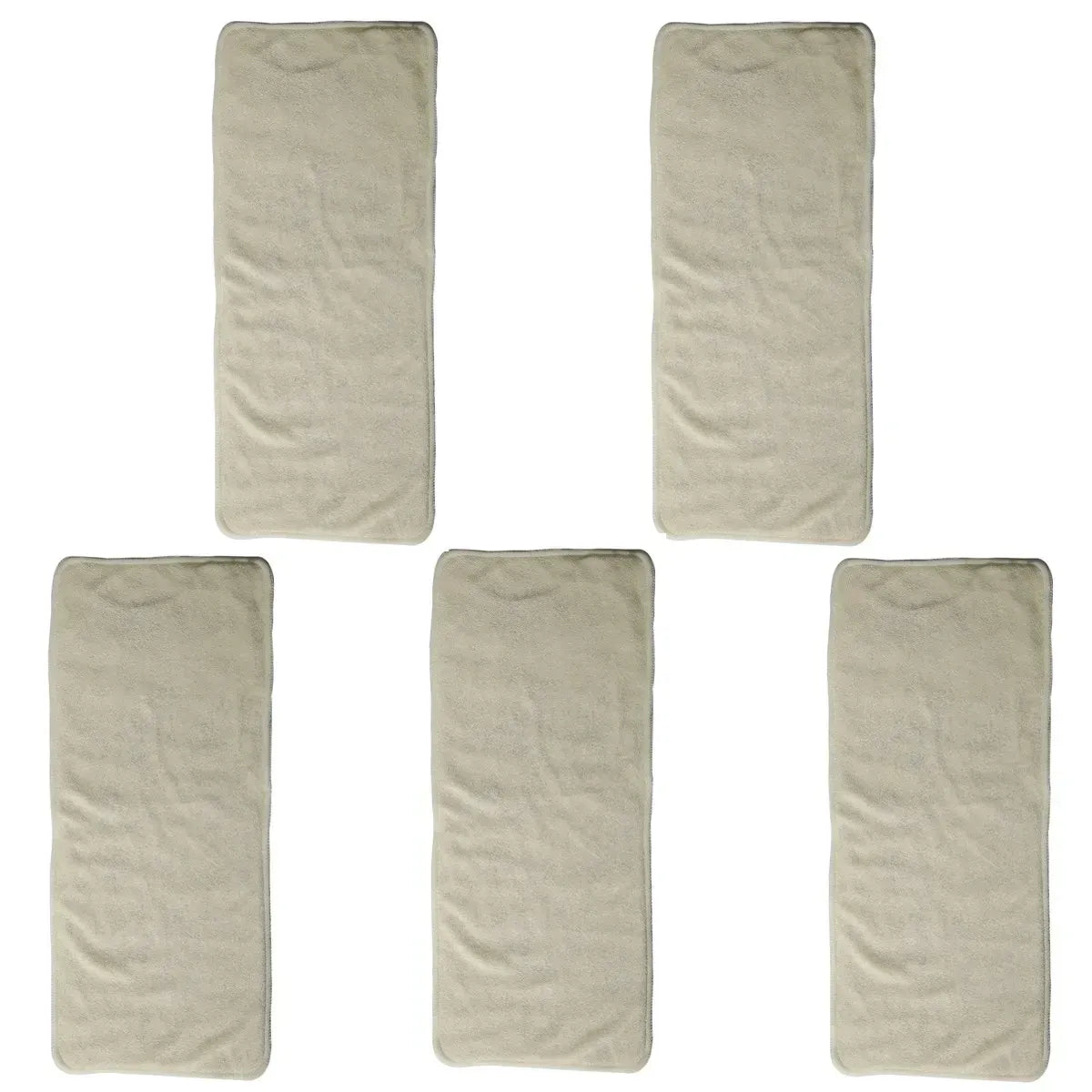 Set of 5 beige bamboo cloth diaper inserts for baby care.