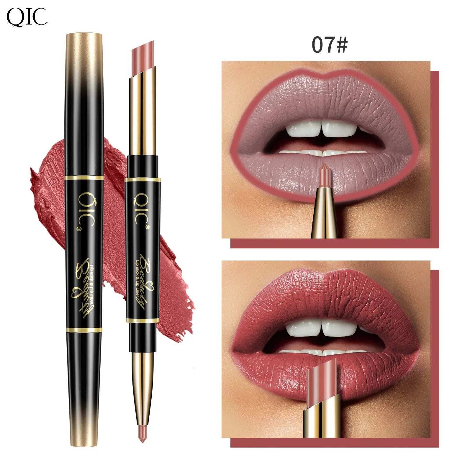 2-in-1 waterproof matte lipstick and lip liner pencil in long-lasting nude red, showing dual-ended makeup application.