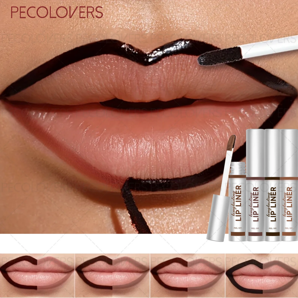 Waterproof peel-off lip liner applied to create a defined, long-lasting matte lip contour and custom lip shape.
