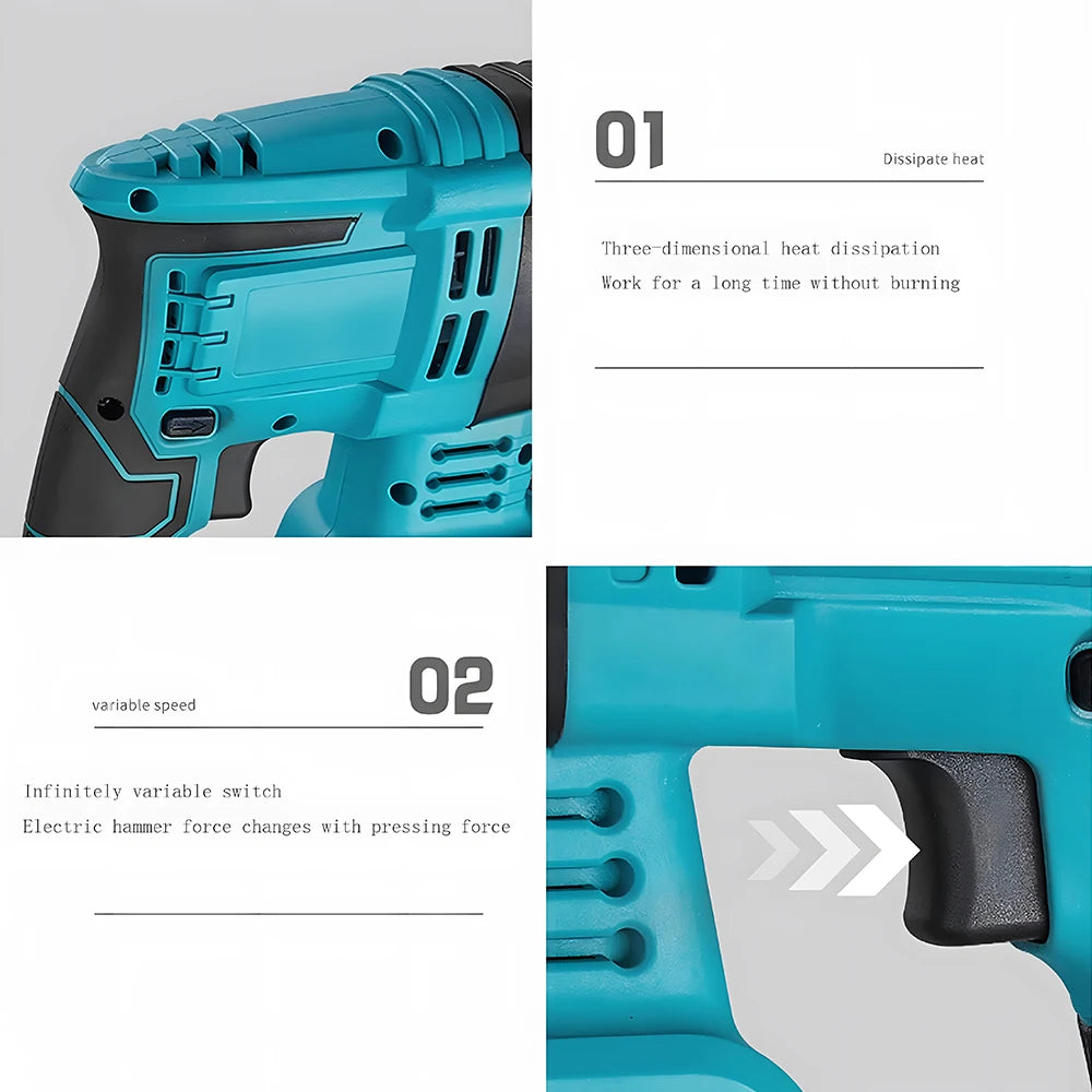 Podofo Brushless Electric Hammer Drill Cordless Impact Drill Power Tools Switch Hammer/Drill/Electric Pick 3-In-1 Multifunctional Rotary Power Tool Battery Drill Power Tools Without Battery
