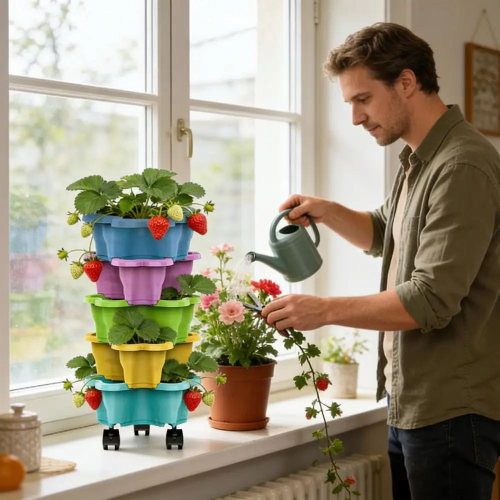 Stackable Vertical Planter 4/5-Tier with Wheels Weatherproof Plastic Flower Pot Garden Towers for Vegetable Strawberry Planter