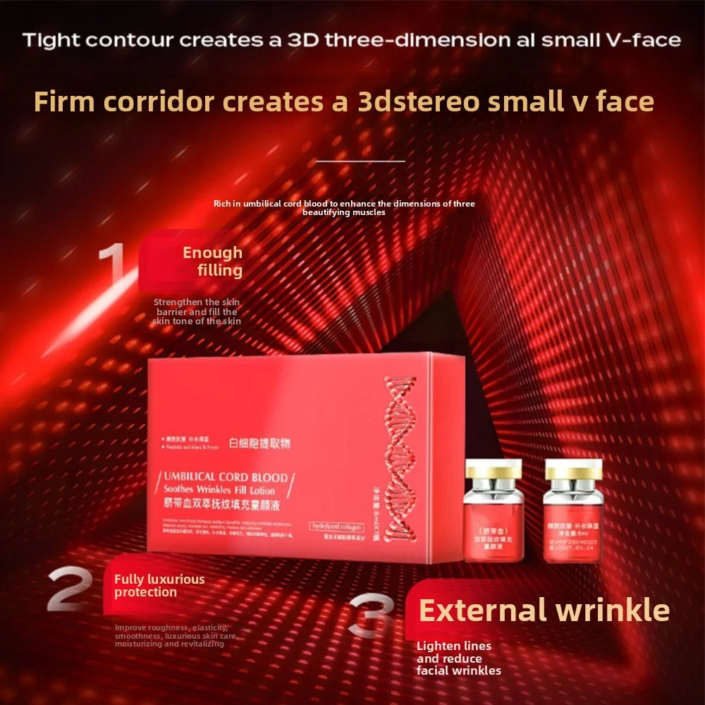 Umbilical Cord Blood Soothes Wrinkles Fill Lotion set with a red box and two small red glass vials for facial care.