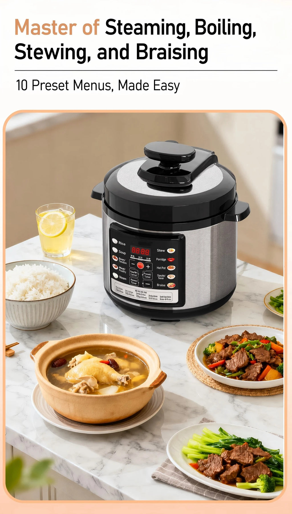 Electric multi-cooker with black lid and control panel, steaming meals on table